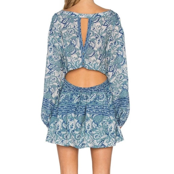 Free People Washed Blue Silver Sun Floral Blouson Open Back Mini Dress Size XS - Picture 6 of 16